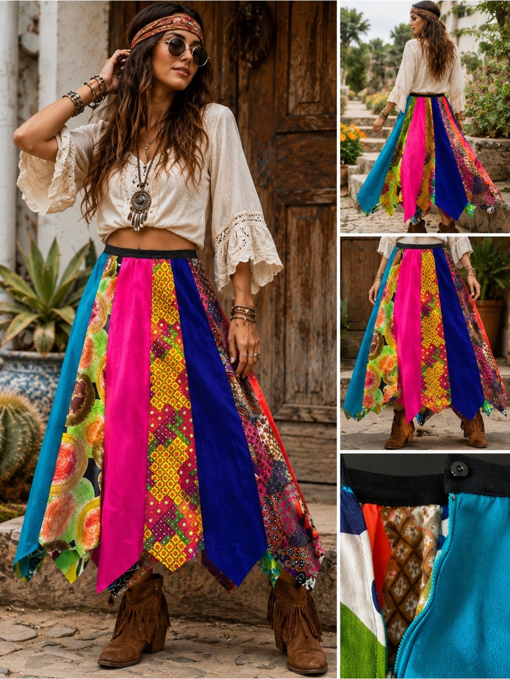Vintage Alice Patchwork Handkerchief Hem Skirt Colorful Boho Festival Artwear